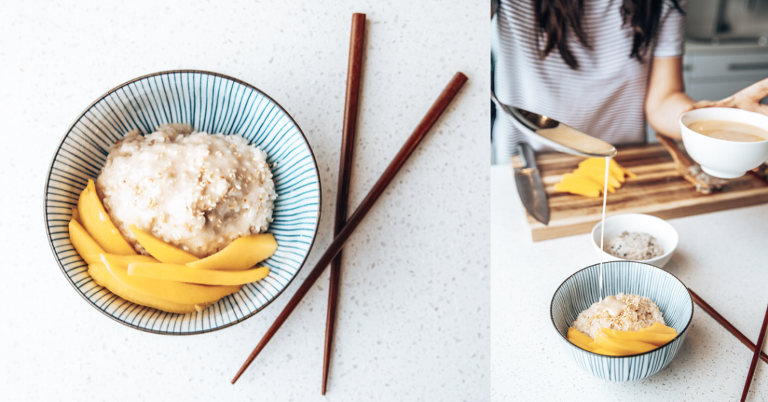 Drizzling sweet coconut milk over a bowl of Sticky Rice with Fresh Mango Slices.