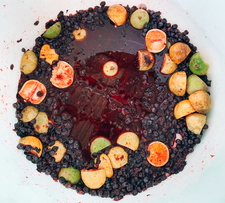 Beautiful fruit, like grapes, blueberries, lemons, limes, and other citrus, in our buckets, ready to be turned into sangria